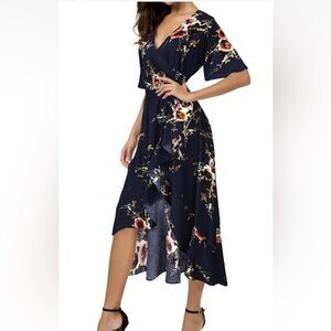 Kormei Womens Small Short Sleeve Floral High Low V-Neck Flowy Dress Blue Floral